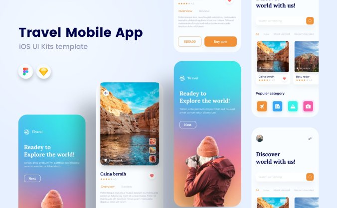 一套色彩绚丽的旅游移动APP UI KIT素材