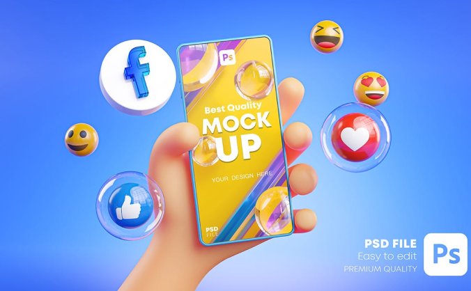 一个非常可爱的3D社交媒体手持手机APP UI样机PSD素材