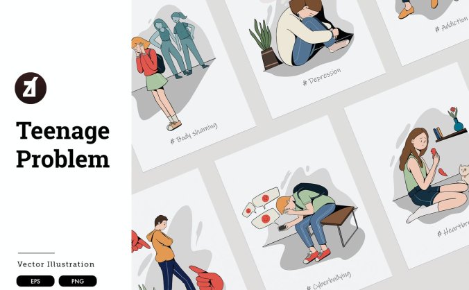 儿童青少年校园冷暴力主题矢量插画素材包