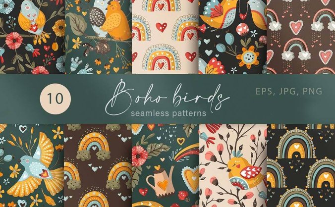 一组风格艳丽的波西米亚无缝背景矢量图案
