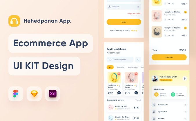 暗黄颜色简洁清新耳机电商APP UI Kits素材包