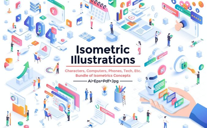 时尚高端2.5D立体等轴等距UI插画海报素材包