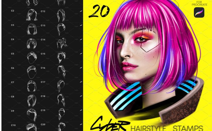 20个赛博朋克风格发型Procreate笔刷素材