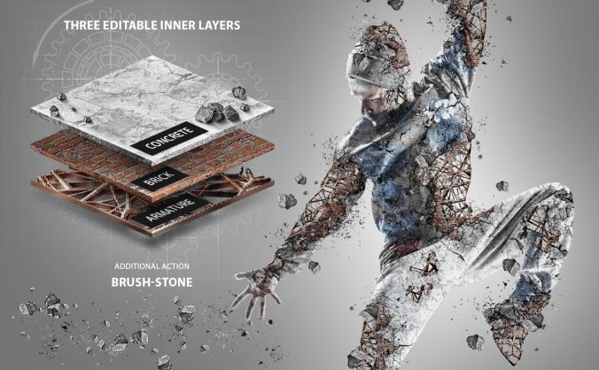 一个效果震撼的钢筋混凝土倒塌破碎风格PS动作素材