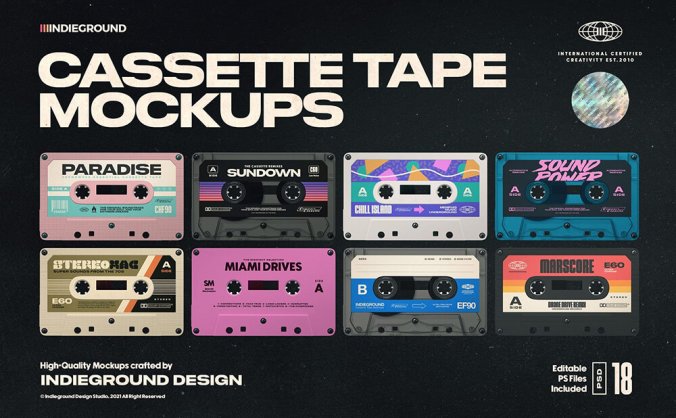 一套效果逼真的盒式音乐磁带/卡带样机PSD模板