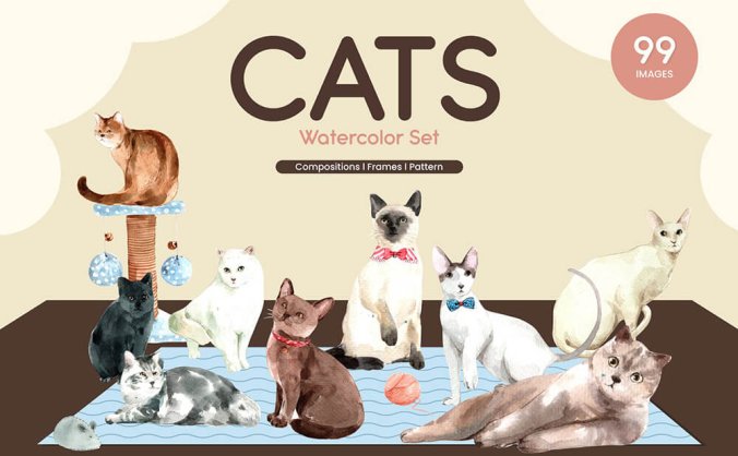 一组超级可爱的猫咪宠物水彩插画素材