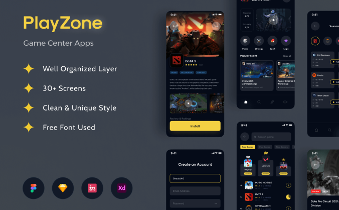 30+黑色酷炫游戏中心应用APP UI KIT素材包