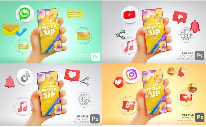 4个非常可爱的3D手持手机APP UI样机PSD模板素材