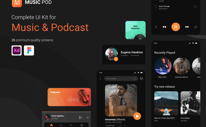 26个数字音乐和播客类别APP UI素材包