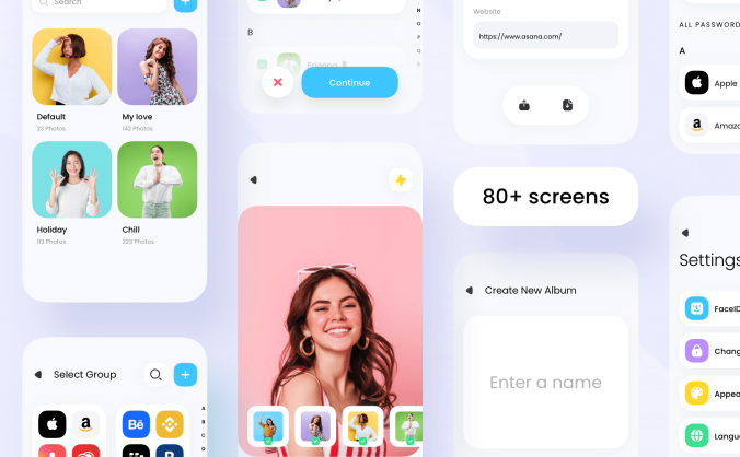 80个色彩炫丽的照片相册通讯录主题黑白模式APP UI kit素材包