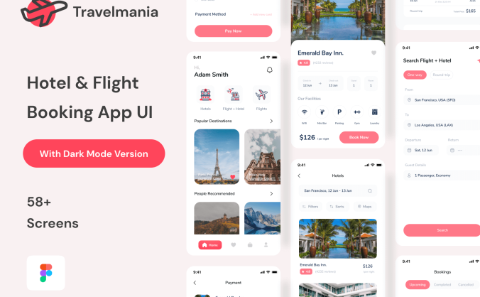 58个旅行相关酒店机票预订主题APP UI KIT素材包（Figma）