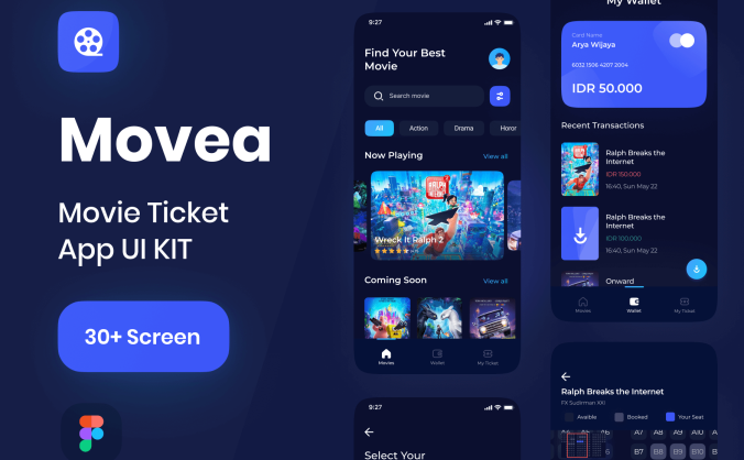 一套非常完善的深色电影票移动APP UI KIT素材包