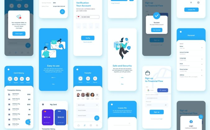 30个蓝色清爽线上金融主题APP UI界面素材包