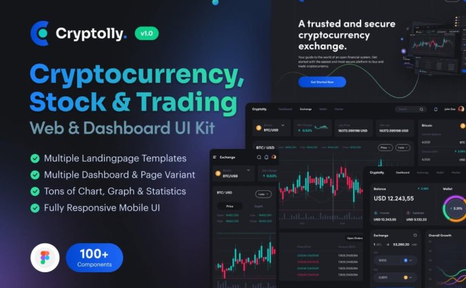 一套深色酷炫数字加密货币金融服务Web和后台管理UI界面素材包 (Figma)