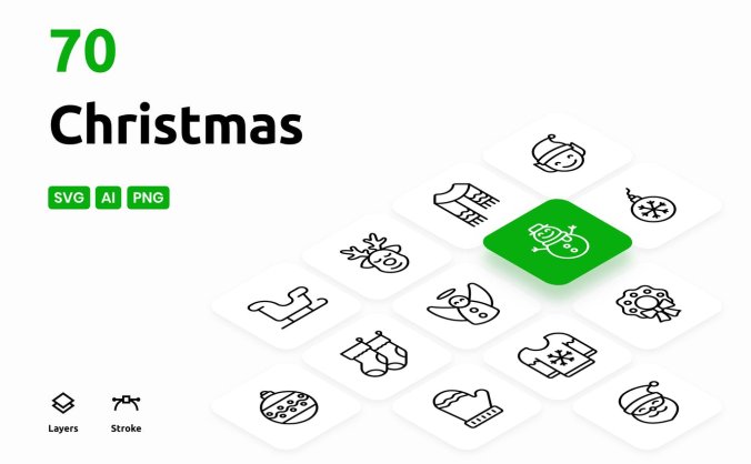70个矢量描边圣诞节图标素材下载