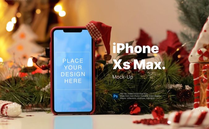 圣诞节iphone xs Max场景风格手机PSD样机素材