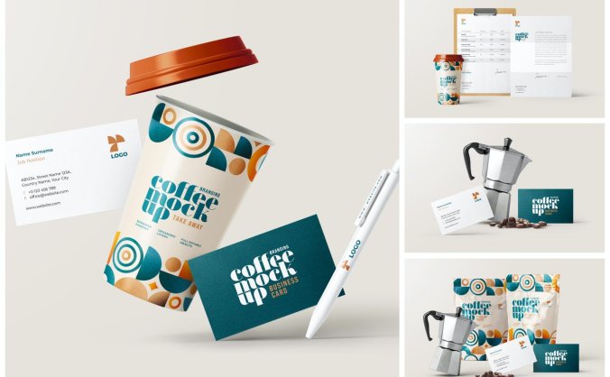 风格优雅的咖啡品牌包装设计VI样机素材(PSD)