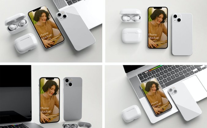 iPhone 13 柔光场景组合手机PSD样机素材