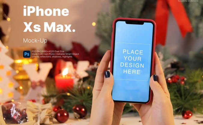 圣诞主题iPhone Xs Max样机模板 (PSD)