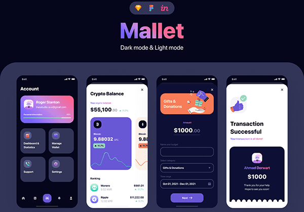 110个紫色明暗模式财务金融主题类APP UI素材包