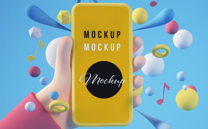 可爱风格手持手机卡通元素PSD样机素材