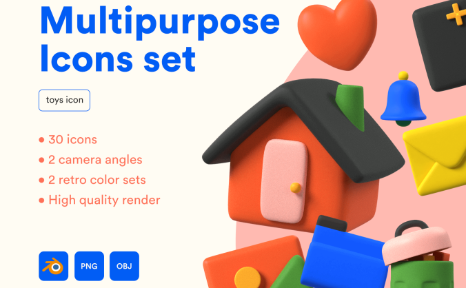 30个多用途趣味风格3D图标素材包（Blender）
