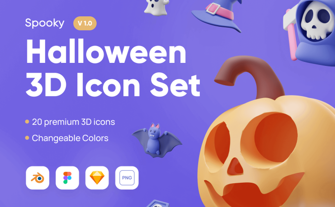 20个万圣节主题3D图标素材包（Blender）