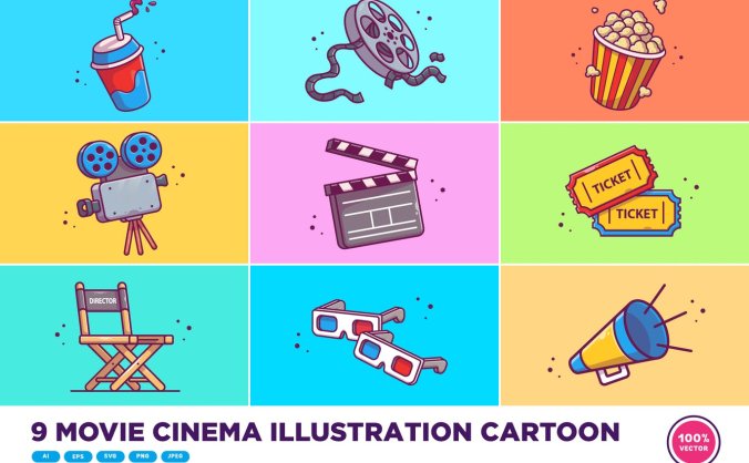 9个设计精致卡通电影主题矢量插画集合