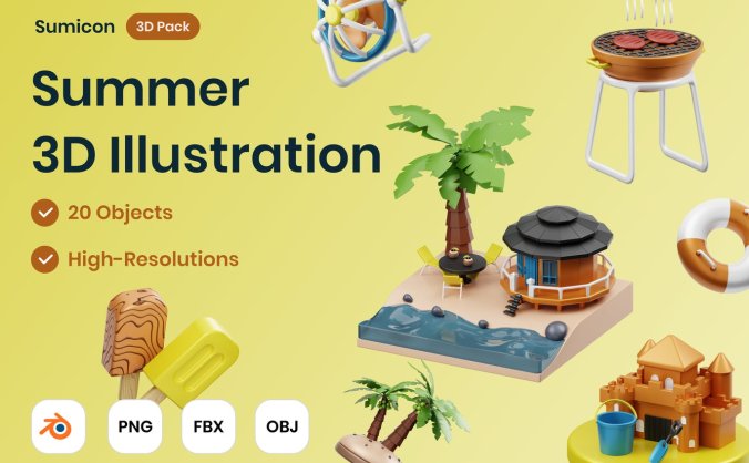 20个清爽的夏季暑假元素3D图标素材