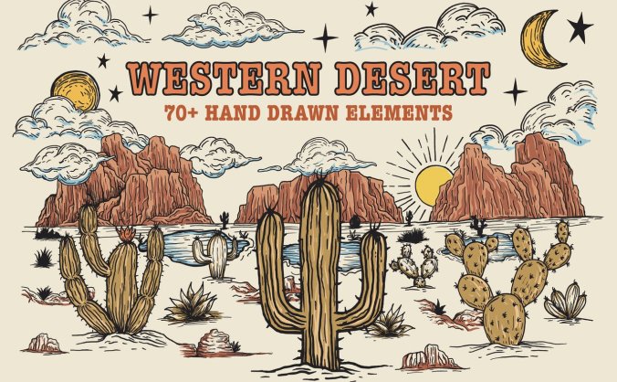 美国西部沙漠手绘风格插画素材包