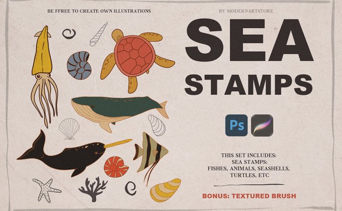 可用于Procreate和Photoshop的海洋元素图章笔刷