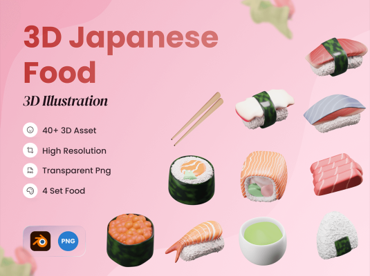 配色漂亮精致的日本食物3D模型