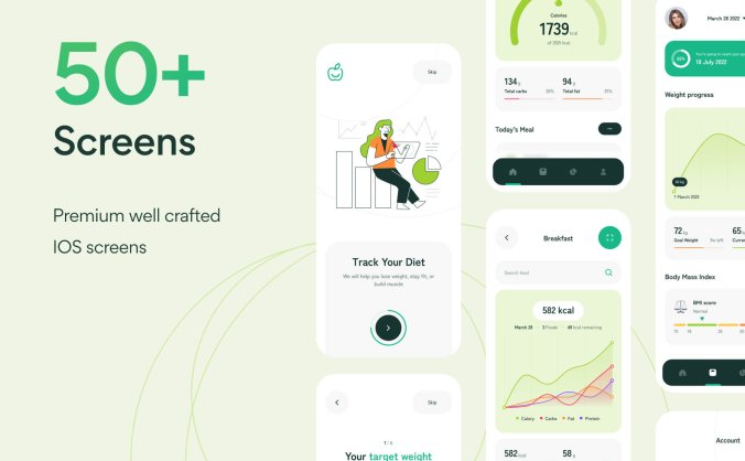 50个绿色清新健康饮食卡路里计数器APP UI界面