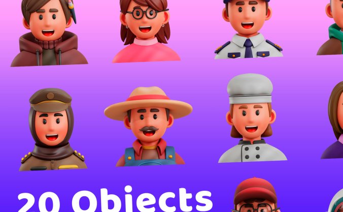 20个不同职业3D人物Blender模型