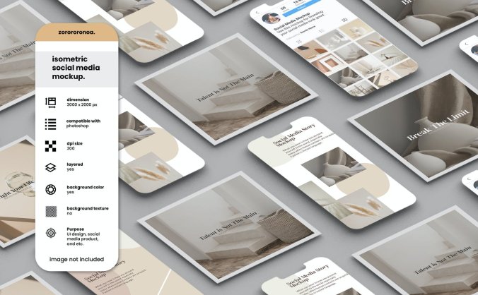 高品质2.5D等轴社交海报UI样机PSD模型