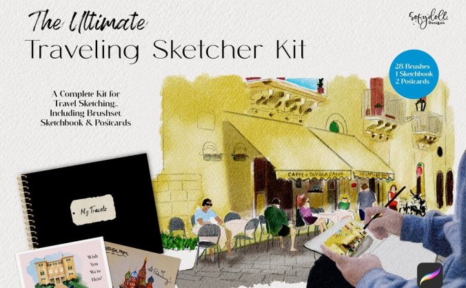 一套旅行主题水彩素描Procreate笔刷素材