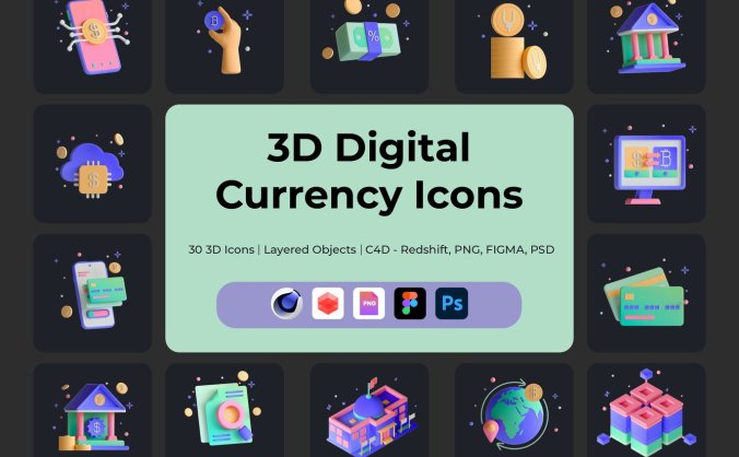 数字货币C4D图标模型素材包