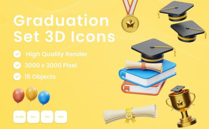 15个教育学习元素3D图标模型素材