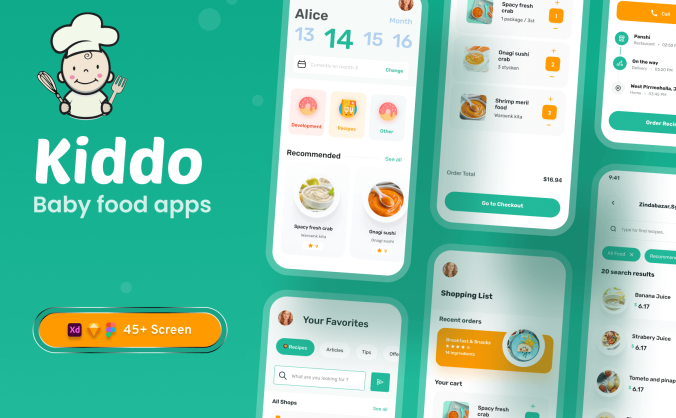 45个绿色极简风格婴儿食品APP UI Kit界面