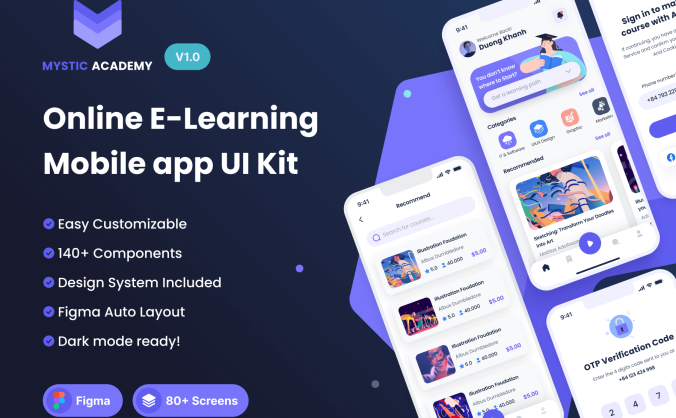 80个紫色绚丽在线学习移动APP UI Kit素材
