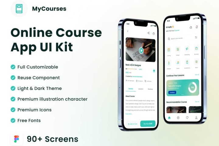 50个青绿色课程学习相关APP UI Kit素材包（Figma） – 简单设计