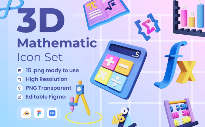 15个数学3D主题图标模型(Blend)