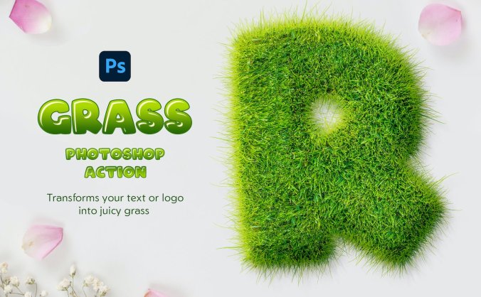 一键将文字转换成草坪3D立体效果PS动作
