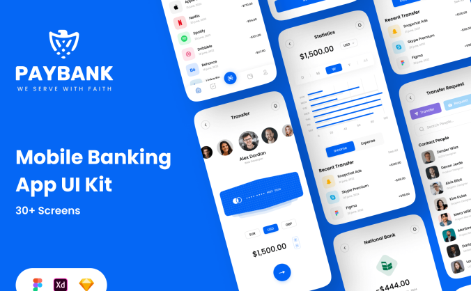 30个蓝色手机银行钱包主题APP UI kit素材包