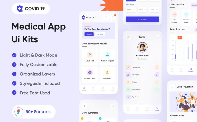 50个紫色医疗健康主题APP UI kit素材包