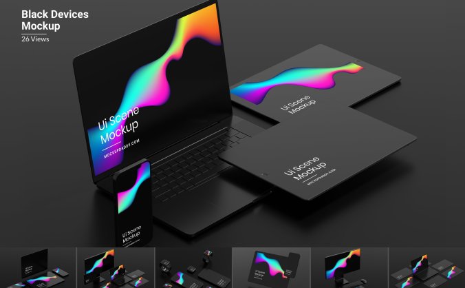 一套高质量黑色苹果Apple设备PSD样机素材包