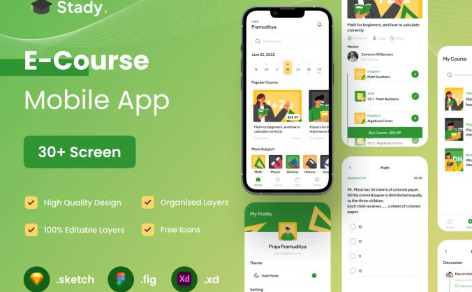 30个绿色清新在线课程移动APP UI KIT素材包