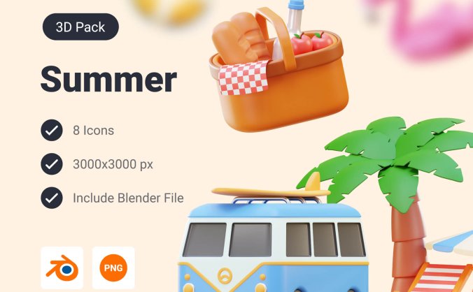 8个暑假假日休闲主题3D图标素材包