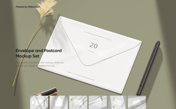 带阴影效果高级感信封明信片设计样机PSD素材包