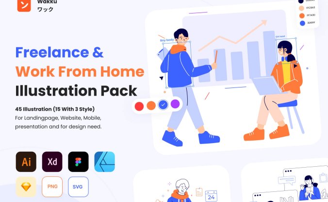 45个自由职业在家办公主题插画